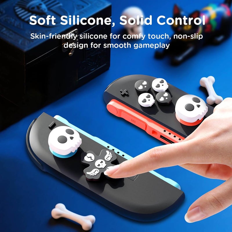 Jemdo Thumb Grips & Button Caps Set Compatible with Nintendo Switch 2 (2025) – 7pcs Black/White Skull Silicone Joystick Caps and Button Covers, Comfortable Controller Stick Gifts for Kids & Gamers - Image 4